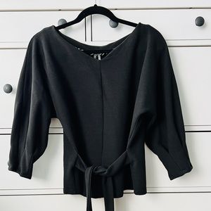 Anthropologie Black V-Neck Ribbed Black Front Tie Top